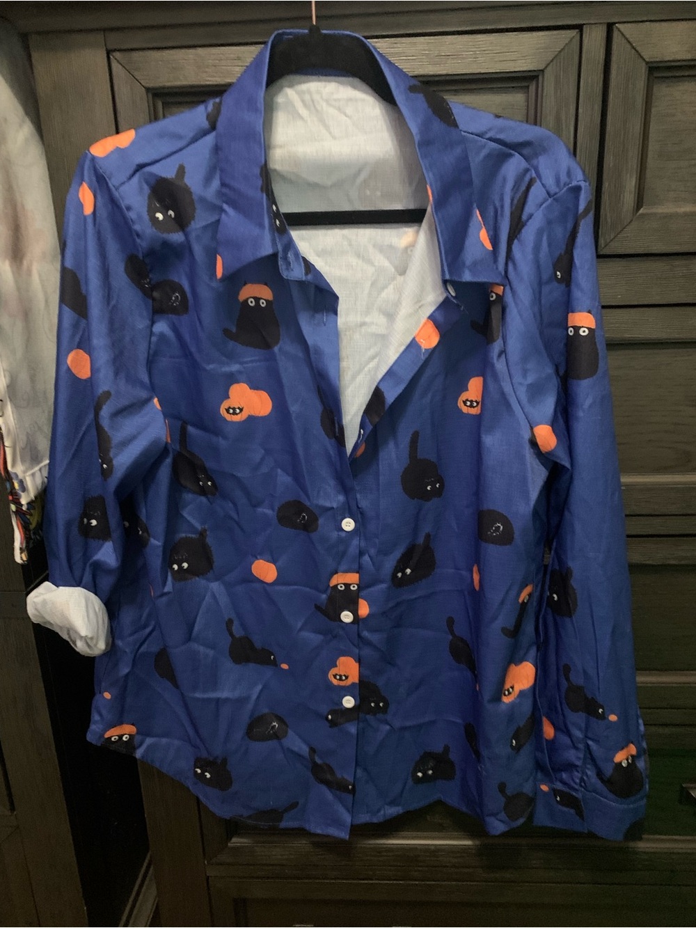 Blue Button-Up Shirt with Black Cat & Orange Pumpkin Print